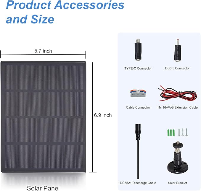 KBT 18V 3W Waterproof Solar Panel with Type-C Port & DC3.5mm Port & Adjustable Bracket, Portable Solar Charger for Rechargeable Battery, Hunting Camera Outdoor, Deer Game Feeder, Electric gate, Lamp