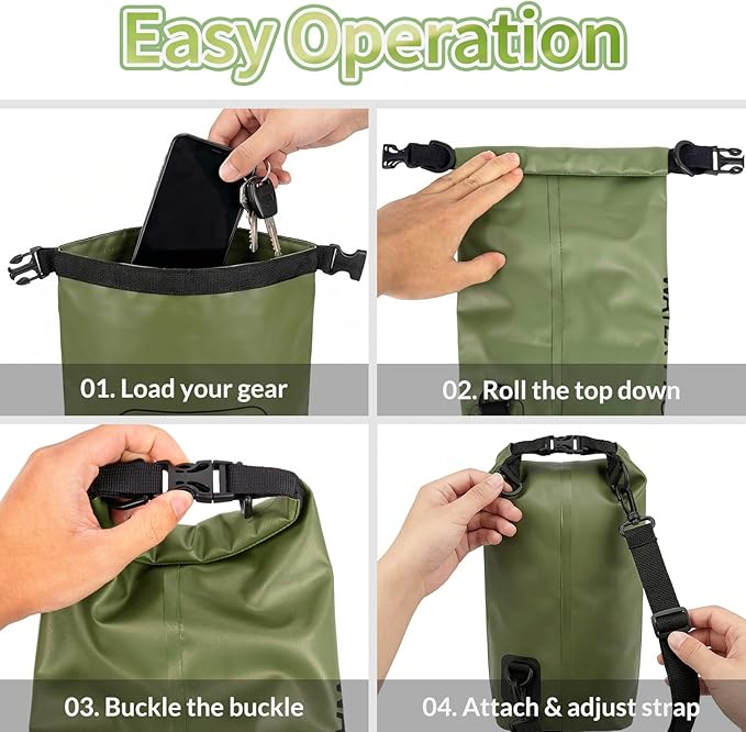 Waterproof Dry Bag, 2L Roll Top Waterproof Bag IPX8 with Crossbody Strap, Phone Clear Window, Phone Pouch Water Protector for Camp Beach Travel, Cruise Essentials, Kayak Accessories (Army Green)