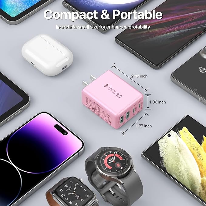 sccvee USB C Wall Charger, 40W 4-Port USB C Charger Block, Fast Charging Block Dual Port PD+QC Wall Plug Multiport Type C Compatible with iPhone 14/13/12/11/Pro Max/XS/XR/8/7, Tablet(Pink)