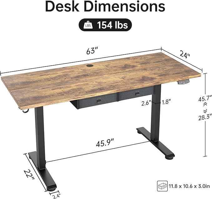 Agilestic Standing Desk with 2 Drawers, Adjustable Height Electric Desk with Storage, 63 x 24 Inches Sit Stand Up Computer Table for Work Office Home, Rustic Brown