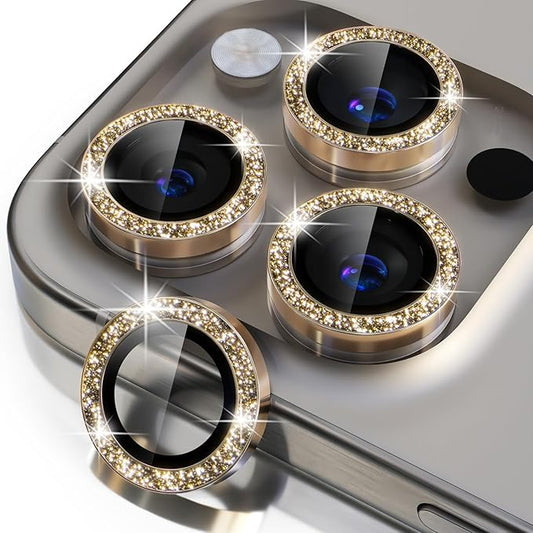 Misea Compatible for iPhone 15 Pro/iPhone 15 Pro Max Camera Lens Protector Bling, 9H Tempered Glass Camera Cover Screen Protector Metal Individual Ring Protector Decoration Accessories, Gold Glitter