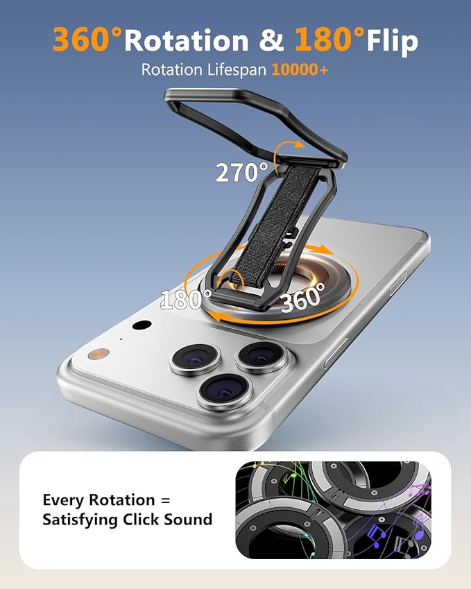 Oerwin for Magsafe Phone Grip Stand, 6-in-1 Magnetic Phone Holder for Magsafe Kickstand, 360° Rotation Phone Ring Holder with Elastic Strap, Compatible with iPhone 17/16/15/14/13/12 Series & Android