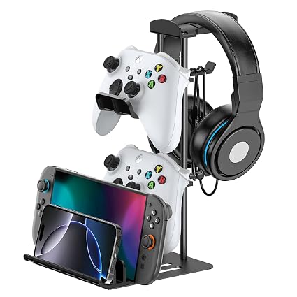 KDD Headphone Stand, Controller Holder & Headset Holder for Desk, Earphone Stand with Aluminum Supporting Bar, Universal Storage Organizer Headphones/Controller/Switch/Mobile Phone