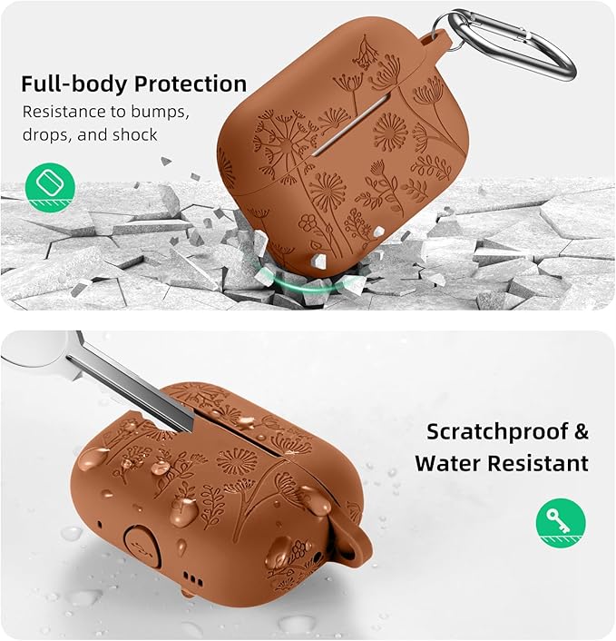 Lerobo Compatible with Apple Airpods Pro Case 2 Cute, Flower Engraved Full Protective for 2nd 1st Generation USB C, Funny Soft Silicone Skin Cover, Front LED Visible C-Brown