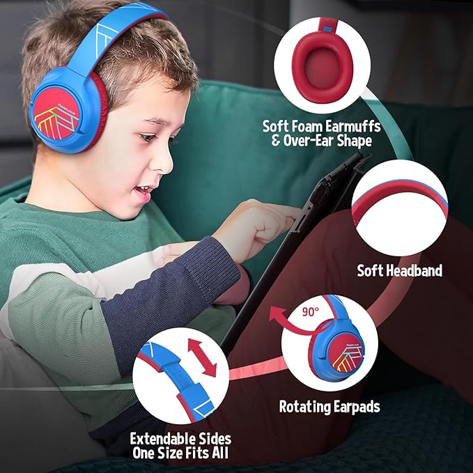 PowerLocus Kids Wireless Headphones, Bluetooth Kids Headphones LED Lights Over Ear with 74/85/94dB Volume Limited, 45H Playtime,Built-in Mic, Two Device Share Mode, HD Stereo for Travel/PC/Tablet