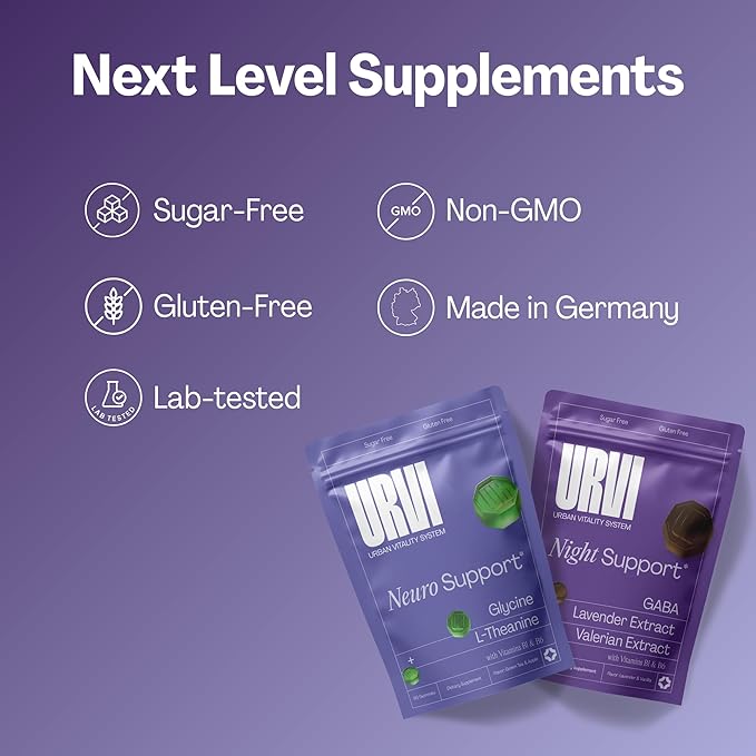 URVI® Wind Down Set: Neuro + Night Support Gummies – GABA, L-Theanine, Glycine, Valerian, Lavender, Vitamins B1 & B6 – Stress Relief & Sleep Aid - No Melatonin & Sugar-Free