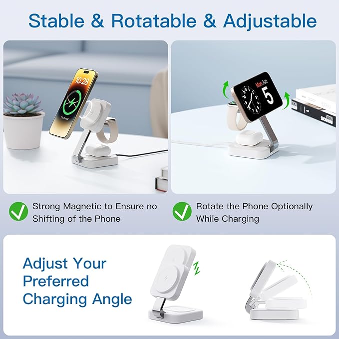 2026 Traveling Wireless Mag-Safe Fast Charging Station,Magnetic 3 in 1 Charger with iPhone 17 16 15 14 13 12 Pro Max Plus,Apple Watch Series & Air pods 4 3 2 Pro-Gifts for Wife & Husband(White)