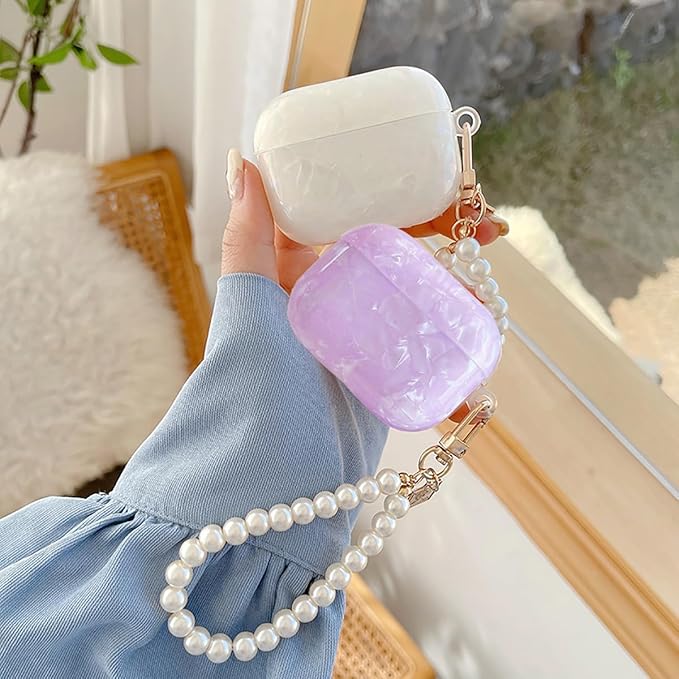 for Cute Glitter Airpods Pro/Pro 2 Gen Case with Cleaner Pen, Shell Pattern iPod Pro 2nd/1st Generation Cover Protective Skin Girl Women with Luxury Pearl Keychain 2023/2022/2019 - Purple