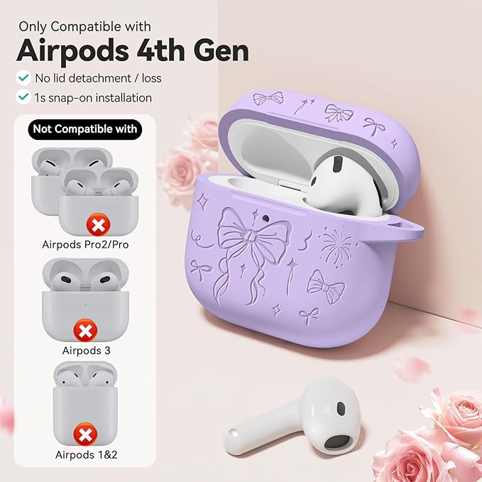 for Airpods 4 Case Cover, Joremx Cute Bow Engraved Silicone Protective Case Cover with Keychain, Cleaner Kit for AirPods 4th Generation Case 2024 (Light Purple)