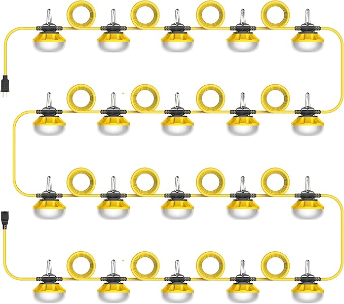 Construction Lights String Temporary Lighting, 200ft Work String with 20 Integrated Jobsite LED Lights 20000LM Super Bright, Carabiner Hooks - 20 Bulbs