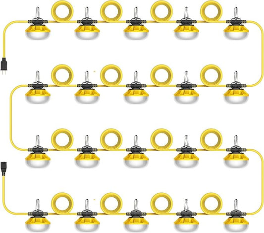 Construction Lights String Temporary Lighting, 200ft Work String with 20 Integrated Jobsite LED Lights 20000LM Super Bright, Carabiner Hooks - 20 Bulbs