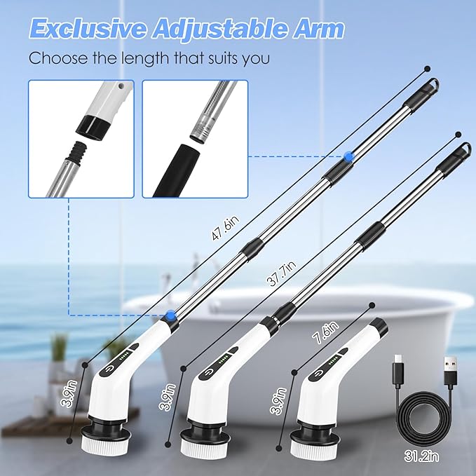 Electric Spin Scrubber, IPX7 Waterproof Cordless Cleaning Brush with 8 Replaceable Brush Heads, 2 Speed Shower Scrubber with Long Handle for Bathroom Tub Tile Floor