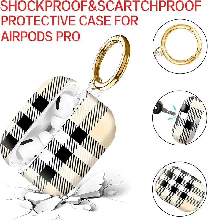 Compatible with AirPod Pro Case 2nd/1st Gen (2023/2022/2019),Shockproof Protective Cover with Keychain for Women,Cute Charging Case for Airpod Pro 2/1(Beige Plaid)