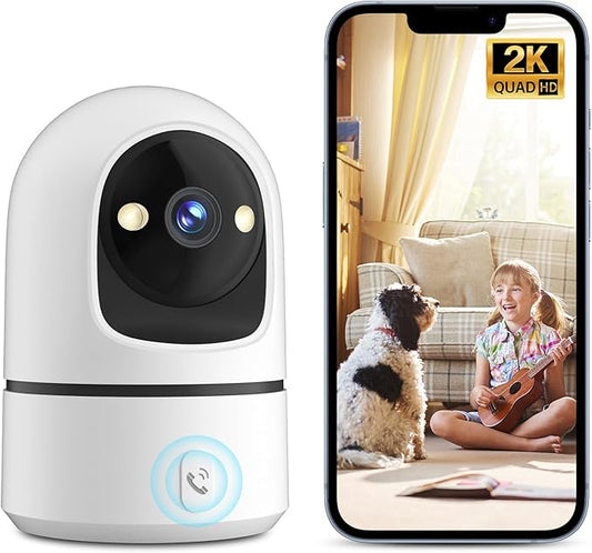 2K Indoor Security Camera, 360° WiFi Cameras for Home Security, Baby/Pet Camera with Phone App, One-Touch Call, Auto Tracking, IR Night Vision, Motion Detection, TF/Cloud Storage, 2.4Ghz WiFi