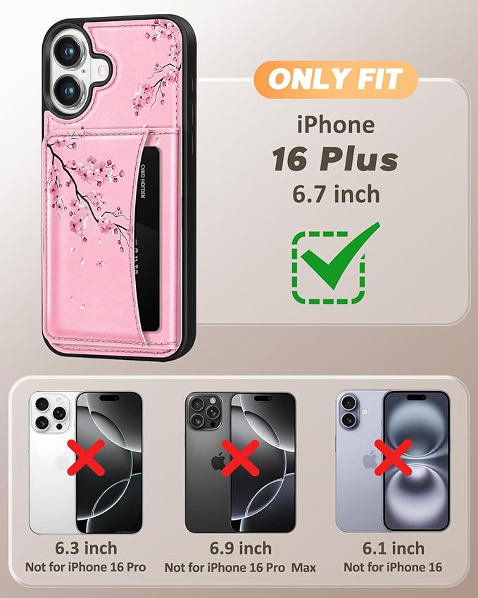 for iPhone 16 Plus Case with Wallet - Fits 4 Card Slots,Compatible with MagSafe for Women Aesthetic Durable PU Leather Credit Card Holder Kickstand Phone Cover for Apple 16 Plus, Peach Blossom