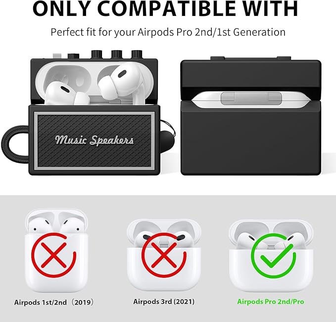Filoto AirPods Pro 2nd Generation Case Cover with Cleaner Kit, Airpod pro case Guitar amp Retro Audio Design Soft Silicone Protective Cover for AirPods Pro 2 Case with Lanyard (2023/2022) Black/Gray