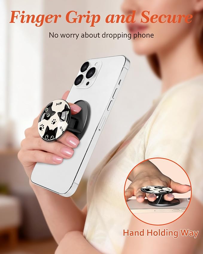 Kidcube Magnetic Phone Grip Compatible with Magsafe - Cell Phone Grip Stand Magnetic Ring Holder Finger Kickstand for iPhone 17 16 15 14 13 12 Series Magnet Removable Accessories Cute Catoon Cat Fish