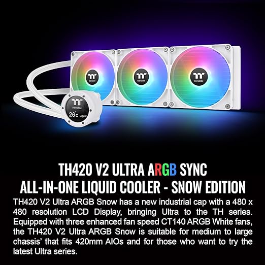 Thermaltake TH420 V2 Ultra ARGB Sync/AlO Liquid Cooler/ARGB Fan 140 * 3/PWM 500~1800rpm/Water Block 2.1" LCD/White, CL-W407-PL14SW-A