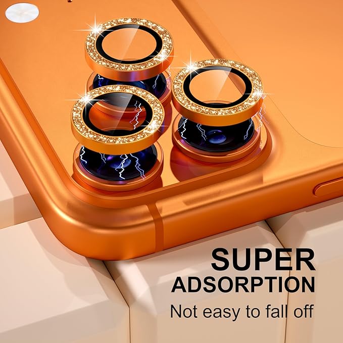Misea Compatible for iPhone 17 Pro/iPhone 17 Pro Max Camera Lens Protector Bling, 9H Tempered Glass Camera Cover Screen Protector Metal Individual Ring Decoration Accessories, Orange Glitter