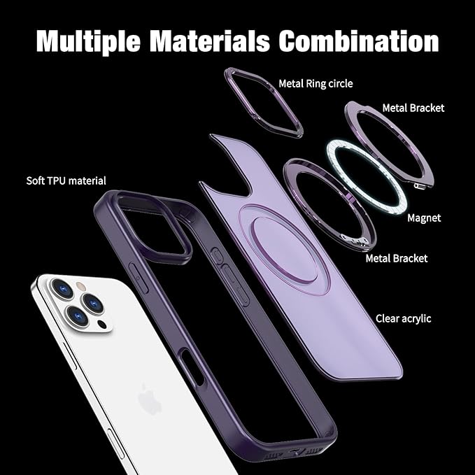 for iPhone 16 Pro Max Case with Screen Protector & Lens Protector [15 FT Military Drop Protection] Magnetic Kickstand Compatible with MagSafe Slim Translucent Case (Deep Purple)