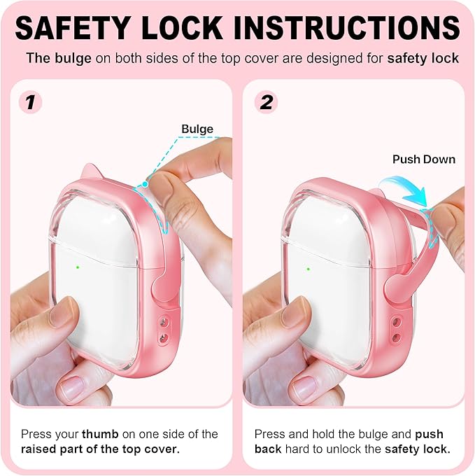 RFUNGUANGO AirPods 4 Case for Women Girly Cat Case with Lock, Phone Stand,Keychain & Cleaner Kit, Compatible with Apple Airpods 4th Generation Case Cover, Transparent Pink