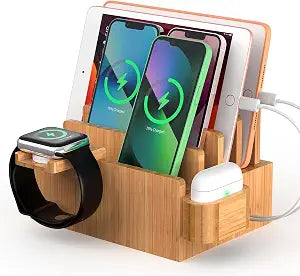 Pezin & Hulin Bamboo Charging Station for Phone, Watch&Earbud with 5 Cables