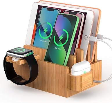 Pezin & Hulin Bamboo Charging Station for Phone, Watch&Earbud with 5 Cables