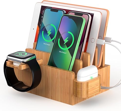 Pezin & Hulin Bamboo Charging Station for Phone, Watch&Earbud with 5 Cables