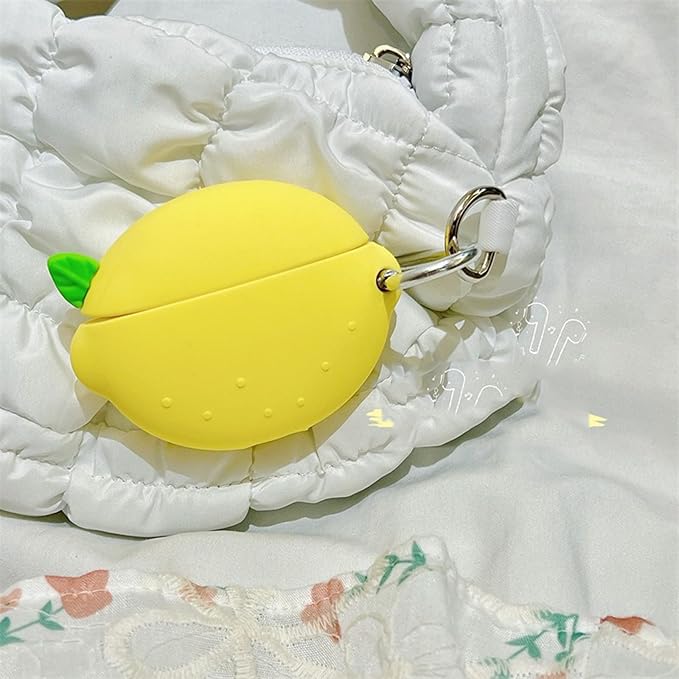 Case Compatible with Airpods 1 & 2, Cute Summer Fresh Lemon Design Keychain Case Cover, Portable Earbuds Accessories Soft Silicone Shockproof Wireless Earphone Protector with Hook Yellow