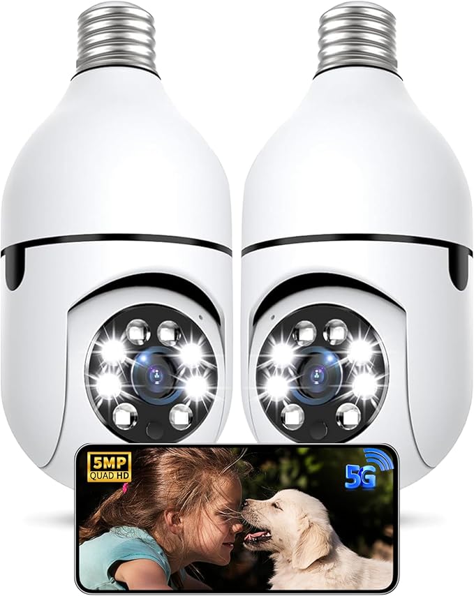 Light Bulb Security Camera 2 Packs, 5G&2.4GHz 5MP Security Cameras Wireless Outdoor 360° PTZ Cameras for Home Security with Color Night Vision, 2 Way Talk, AI Human Detection, Screw in Light Socket
