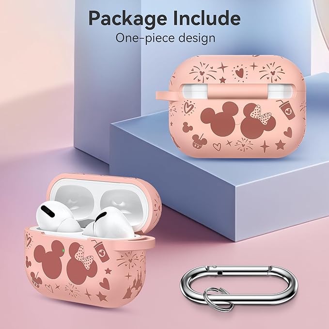 Compatible with Airpods Pro 2nd/1st Generation Case Cover with Keychain, Women Men Soft Silicone Two-Tone Cute Cartoon Engraved Convenience Protective Case, Front LED Visible Pink/Deep Pink
