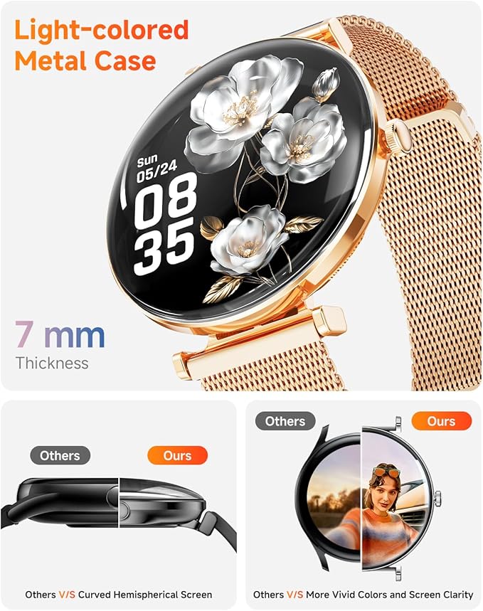 Hwagol Smart Watches for Women with Android iPhone Compatible[Calls/Metal Thin Body],1.43" Micro-Spherical AMOLED Screen,Fitness Watch with Sleep/Heart Rate Monitor,Pedometer for Steps Miles