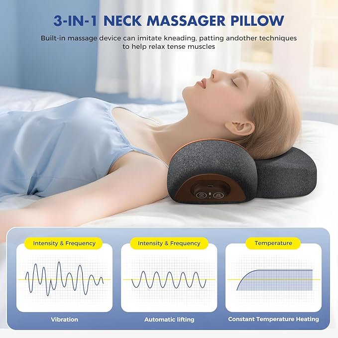 3-in-1 Neck Massager Pillow with Heating and Cervical Traction - Deep Tissue Massage for Pain Relief, Ergonomic Shoulder Massage Pillow, Neck Hump Corrector Ideal Gift for Women and Men Corded