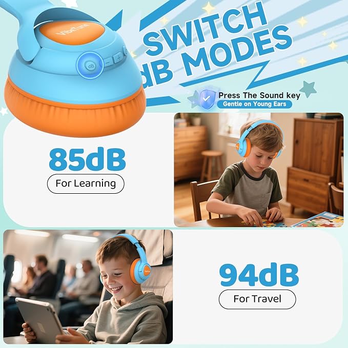 VibeTune Kids Bluetooth Headphones, 60H Playtime, Volume Limited 85/94dB, Bluetooth 5.4, Type-C Fast Charging, Foldable Wireless Headphones for Kids, Toddler Headsets with HD Mic-Blue