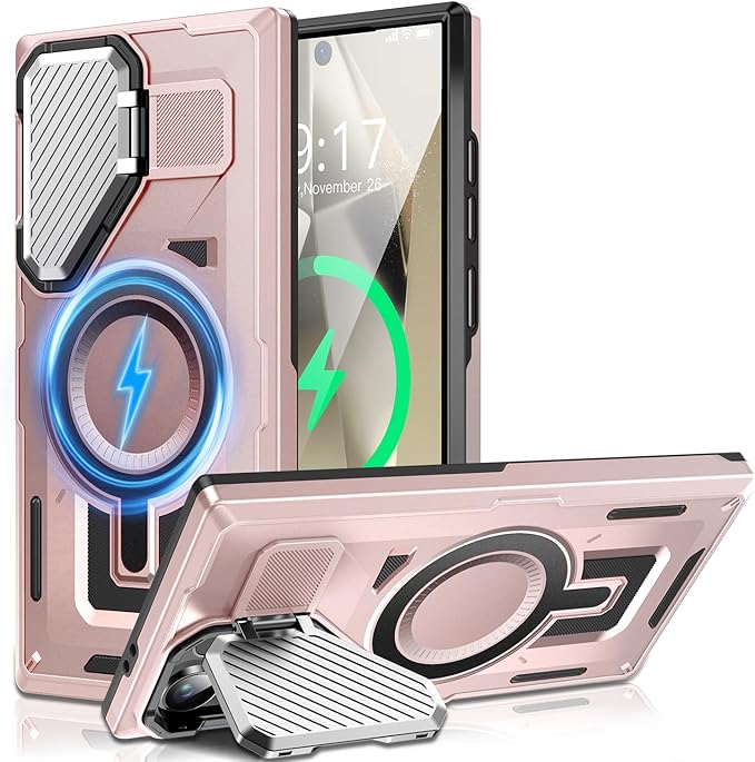 Camera Stand Case for Galaxy S24 Ultra, [Compatible with Mag Safe][Lens Cover] 2024 Version Military Grade Protective Soft Case for Samsung Galaxy S24 Ultra 6.8" Men Women, Pink