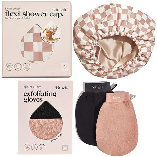 Kitsch Shower & Body Care Bundle – Luxury Reusable Waterproof Shower Cap for Women & Men, Flexi Satin Lined, Adjustable – 2pc Exfoliating Gloves, Deep Skin Scrubber for Smooth, Renewed Skin