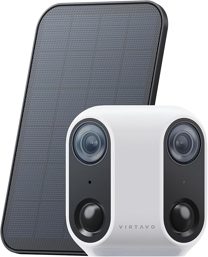 virtavo XM1 Dual-Lens Solar Security Camera Outdoor Wireless, Starlight Night Vision, Smart AI Detection, 100% Wire-Free, IP65 Weatherproof, No Subscription, Local Storage, 2.4GHz WiFi Surveillance