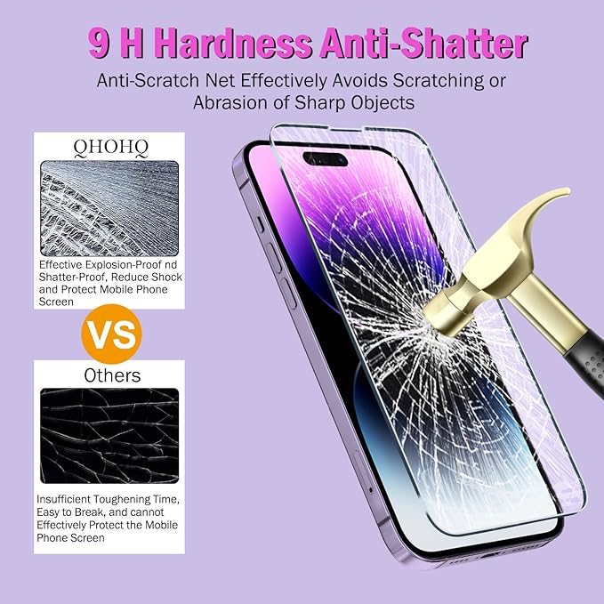 QHOHQ 3 Pack Screen Protector for iPhone 14 Pro Max 6.7 Inch with 3 Pack Tempered Glass Camera Lens Protector, Ultra HD, 9H Hardness, Scratch Resistant, Case Friendly