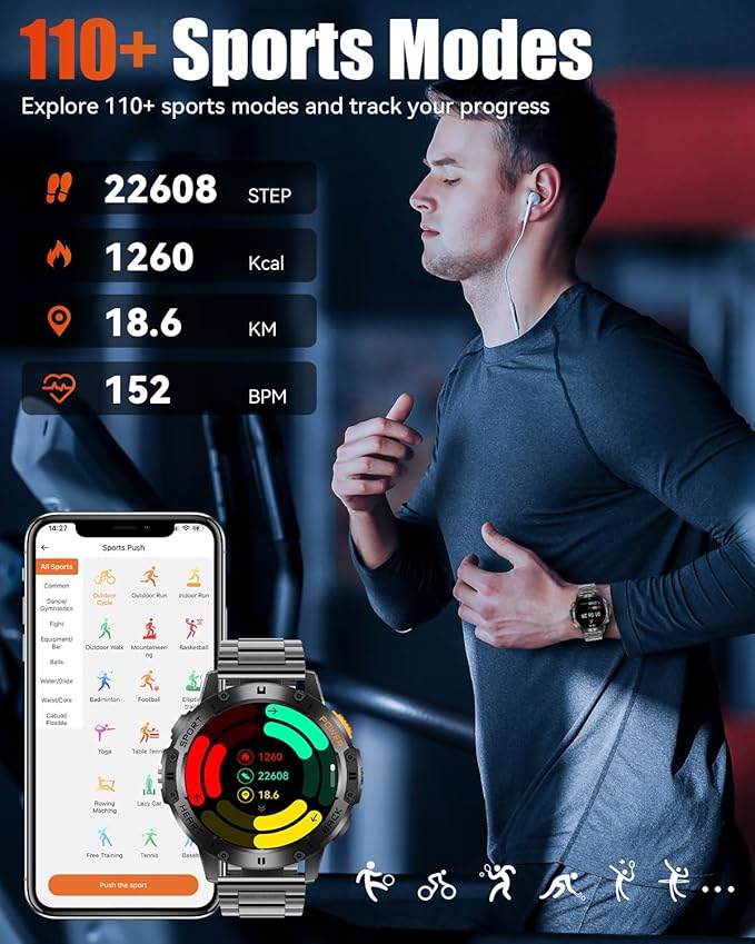 Military Smart Watches for Men with Bluetooth Call, 1.43" AMOLED Waterproof Smartwatch with Flashlight, 111 Sport Modes, 530mAh Heart Rate/SpO2/Sleep Monitor Fitness Tracker for Android iOS