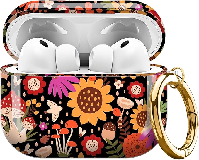 Compatible with AirPods Pro 3 (2025) Case, Airpod Pro 3 Protective Cover with Cute Golden Keychain for Girls & Women (Mushroom Sunflower)