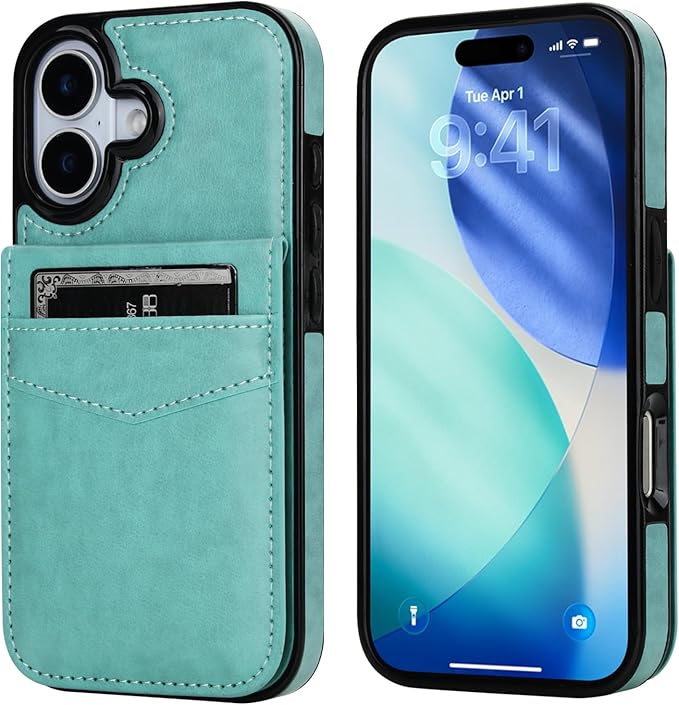 KIHUWEY Compatible with iPhone 17 Case Wallet with Credit Card Holder, Flip Premium Leather Magnetic Clasp Kickstand Heavy Duty Protective Cover for iPhone 17 6.3 Inch (Mint Green)