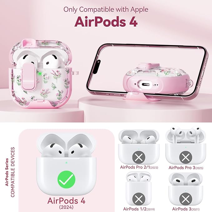 with Safety Lock for Apple AirPods 4 Case,Clear Floral Cute AirPod 4th Generation Case with Phone Stand & Cleaning Kit for Women Girly-Pink Narcissus