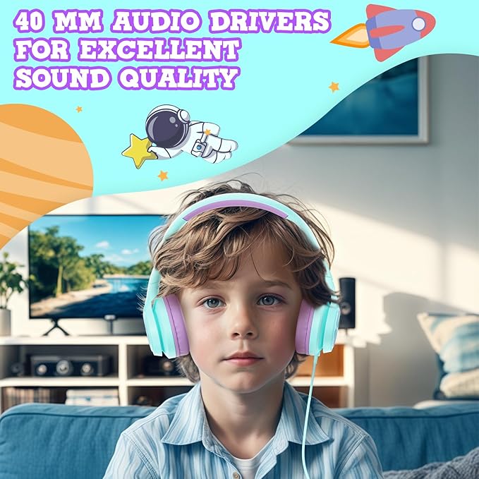 Kids Headphones for School Travel, Upgrade USB Type C Safe Volume 94dB, with Mic HD Stereo Sound Foldable On-Ear Headphones for Boys/Girls/Students/Tablet/Travel-Green