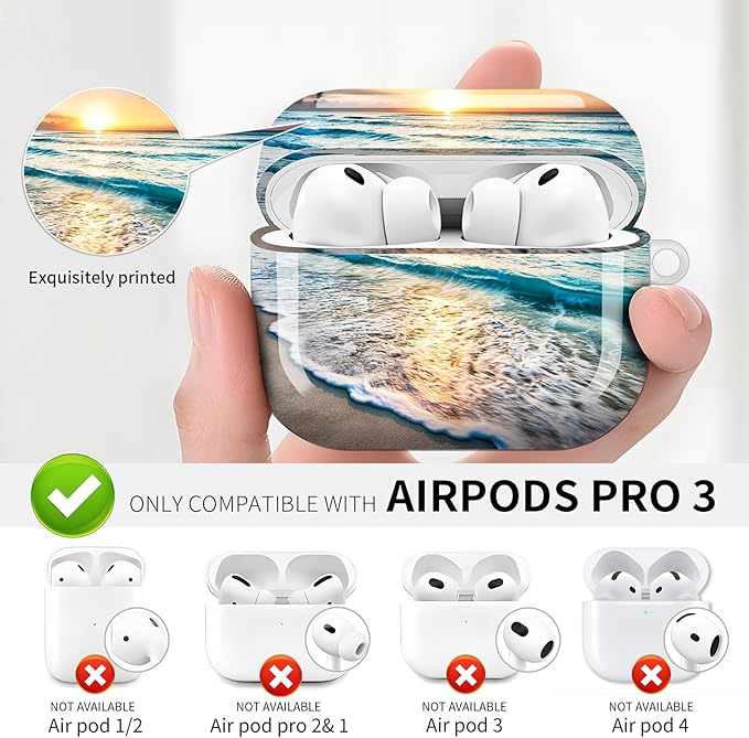 Compatible with AirPod Pro 3 (2025),Cute Case Cover for Women & Men, Full Protection Shockproof Hard Case with Keychain, Wireless Charging Case Accessories(Sunny Beach)