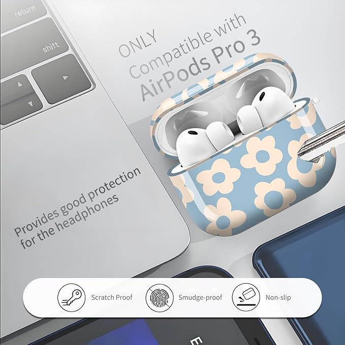 Compatible with AirPods Pro 3 (2025) Case, Airpod Pro 3 Protective Cover with Cute Golden Keychain for Girls & Women (Blue Groovy Flowers)
