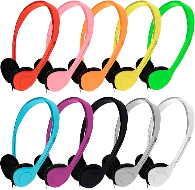Maeline Bulk Classroom Student Headphones On Ear Stereo Headphones Adjustable Band & Foam Cushions for Kids Online Learning, Library, School, Airplane, Travel - 3.5mm Plug - 100 Pack - Multi