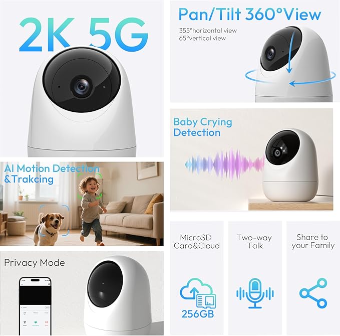Rraycom 2Pack 2K Security Camera Indoor 5G/2.4 GHz Wi-Fi, Baby Monitor Pet/Dog Camera 360-Degree for Home Security, Smart Motion Tracking, 24/7 Live View, Night Vision, Compatible with Alexa