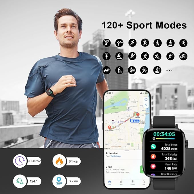 Smart Watch for Men - 1.90" HD Touch Screen Smartwatch, Bluetooth Call, Fitness Tracker with 120+ Sport Modes, Heart Rate & Sleep Monitor, IP68 Waterproof Smart Watches for Android & iPhone, Black