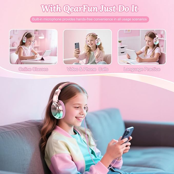 QearFun USB C Kids Headphones Wired with Mic, 85/94dB Safe Volume Limit, Foldable Over Ear, Tangle-Free Cord & Sharing Port, Wired On-Ear Headset for School, Chromebook, Tablet, Travel-Boys & Girls
