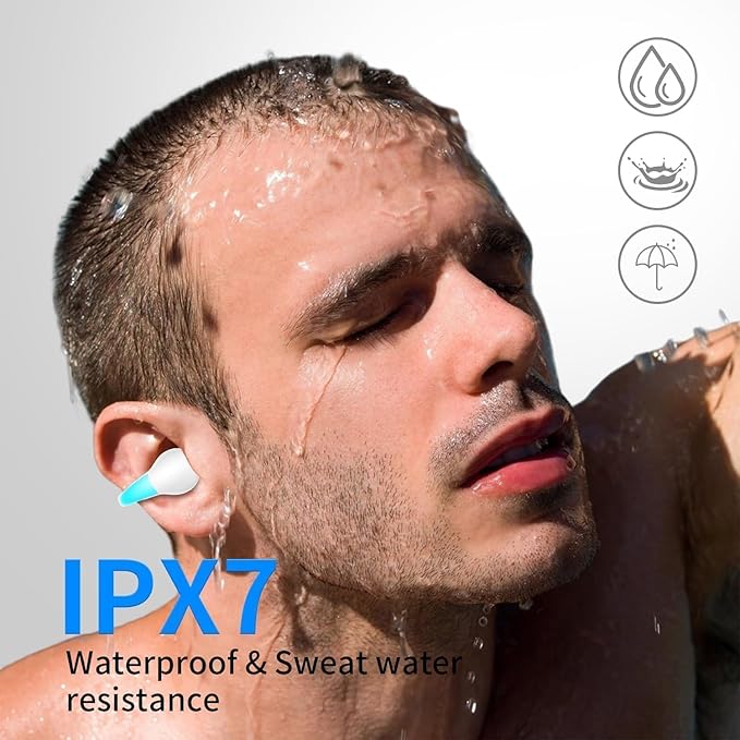 Clip On Earbuds, Bluetooth 5.3 Lightweight Comfort Bone Conduction Open Ear Headphones with LED Digital Display Charging Case Sport Built-in Mic IPX7 Waterproof for Running Fitness Android, Light Blue